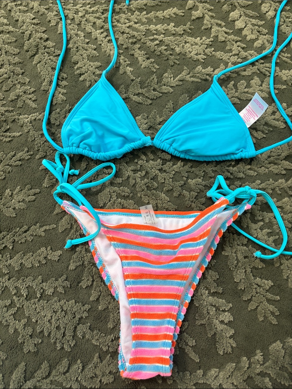Kids Turquoise Triangle String Bikini with Multicolor Striped Bottom